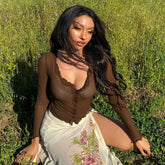 Lizakosht Brown Top Gauze Mesh Perspective Women's Clothing 2022 Spring New Slim Lace Edge Sexy