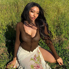 Lizakosht Brown Top Gauze Mesh Perspective Women's Clothing 2022 Spring New Slim Lace Edge Sexy