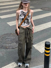 Lizakosht New Cargo Pants Y2K Women Vintage Elastic High Waist Big Pockets Trousers Streetwear Hip Hop Drawstring Retro Baggy Jeans ins