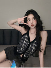 Lizakosht Summer Sexy V-neck Crop Tops Ladies Plaid Short Vest Sleeveless Party Elegant Casual Tops for Woman Korean Slim Clothing