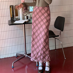 Lizakosht Women's Pink Plaid Mesh High Waist Ankle-length Skirt Spring Autumn New Chic Fashion Female Straight Barrel Thin Long Skirt