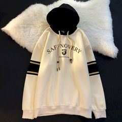 Japanese Retro Color-blocking Hooded Sweatshirt Women Oversized Fake Two-piece Stitching Letters Plus Velvet Jacket Sweatshirt