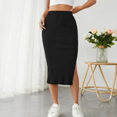 Lizakosht Spring And Summer Sexy Fashion Women'S High Slit Bodycon Midi Slim Fit Skirt Elegant Black Split Ribbed Knit Pencil Skirts