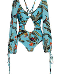 Lizakosht Sexy V-Neck Bandage Printing Long Sleeves Swimwear Women's Suit Surf Wear Push Up Micro Swimsuit Luxury Shorts Bourkini