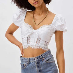 Lizakosht white lace blouse women bow tiend smocked back sexy women blouse summer new women top chic hot girl crop top