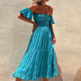 Lizakosht Women Strapless Hollow Long Party Dress Spring Floral Print Pleated Boho Maxi Dress New Summer Off Shoulder Backless Beach Dress