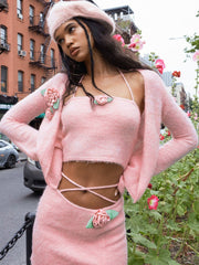 Lizakosht Knitted Pink Three Piece Set Women Sexy Flower Camisole Top+Cardigan+Lace Up Skirt Suits Autumn Sweet Hottie Outfits
