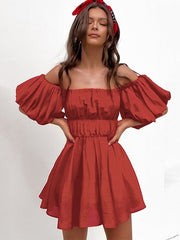 Cotton Puff Sleeve Slash Neck Women's Dress Brick Red Fold A-line Dresses Ladies 2022 Summer Elegant Mini Female Vestidos