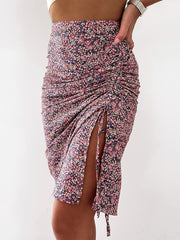 Lizakosht Spring High Waist Skirts Floral Print Drawstring Women Split Midi Skirt Female Casual Boho Bodycon Skirts