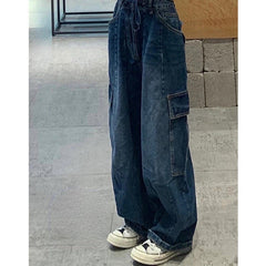 Dark Blue vintage cargo Jeans Women's 2022 Spring y2k Streetwear Loose high waisted jeans Straight Wide Leg cargo Jeans Women's