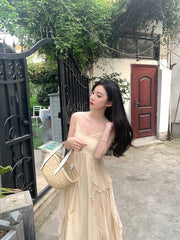 Lizakosht Women Sexy V Neck Lace Up Sweet Kawaii Fairy Party Elegant Spaghetti Strap Dresses Summer Fashion Ruffle Sleeveless Dress