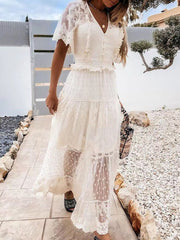 Sexy Solid Color Lace Ruffle Short Sleeve Dress Women Elegant V-Neck Mesh Splicing Long Party Dress New Summer Commute Dresses