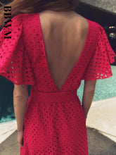 Lizakosht Summer Women Embroidery Dress With Belt Elegant Party Dress Vintage Short Sleeve Hollow Out Chic Female Causal Beach Skirt