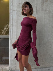 Lizakosht Flower Bodycon Dress For Women Pleated Slim Long Sleeve Dress Solid Sexy Holiday Beach Casual Summer Mini Dresses Women's