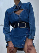 Lizakosht Denim Mini Dress Women Fashion Sexy Hollow Out Dress Elegant Split Lapel Streetwear Dress Lady Bodycon Blue Long Sleeve Dress