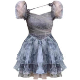 Lizakosht Summer Sweet Kawaii Floral Mini Dress Woman Party French Vintage Korea Fashion Dress Casual Elegant Short Sleeve Dress Slim