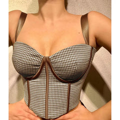 Lizakosht Plaid Crop Top Woman Corsets Camisole Harajuku V Neck T-shirt Tunic Vest Bare Shoulder Blouse Bustier Casual Outfits Summer
