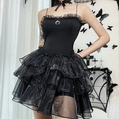 Japanese Lace Mesh Dress Dark Gothic Tulle Cake Black Vintage Sundress Summer Ball Gown Mini Y2K Spaghetti Straps Dresses Femme