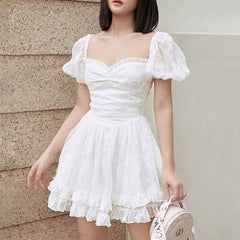 Lizakosht Women Sexy Kawaii Mini Dress Summer Fashion Lady Sweetheart White Puff Sleeve Big Swing Party Beach Dresses Casual Robe Femme