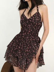 Halter Vintage Floral Dress Women Sexy Boho Bow Lace Up Backless Sleeveless Elegant Ruffle Patchwork Tunics Mini Skirt