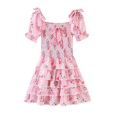 Lizakosht pink floral summer dress sweet girl tiered ruffled party dress smocked bodice short sleeve mini dress women