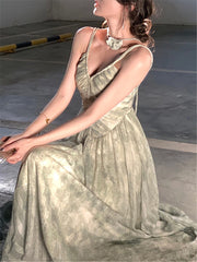 Lizakosht Midi Dress Women Elegant Summer New Fashion Evening Lady Vintage Sleeveless Sexy Beach Dresses Female Slim Green Clothes