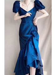 Lizakosht Women Floral Midi Dress Sexy V-Neck Hem Split Ruffles Vintage Evening Party Dresses Women Puff Sleeve Casual Dress Fashion New