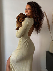 Sexy Pleated Maxi Dress for Women 2022 Summer Elegant Draped Backless Long Sleeve Slim Club Party Dress Casual Outfit Clothes