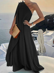 Summer Fashion Skew Collar Backless Beach Dresses Elegant Solid One Shoulder Big Hem Dress Women Irregular Loose Slit Maxi Dress