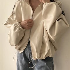 Clothland Women Stylish Zipper PU Leather Jacket Long Sleeve Loose Style Coats Female Chic Outwear Tops Mujer CA279