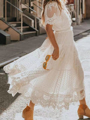 Sexy Solid Color Lace Ruffle Short Sleeve Dress Women Elegant V-Neck Mesh Splicing Long Party Dress New Summer Commute Dresses