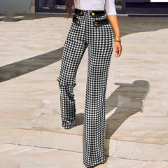 Lizakosht Casual Women Trousers Fashion Leggins Houndstooth Print Buttoned High Waist Wide Leg Tailored Pants