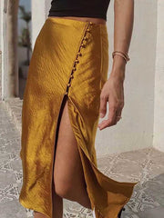 Lizakosht Women New Design Summer Skirt Solid Yellow Green High Waist Female Side Split Sexy Ladies Silk Skirts