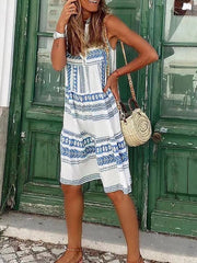 Lizakosht Elegant Casual V Neck A-Line Party Dress New Summer Harajuku Pattern Print Sleeveless Dress Fashion Loose Simple Boho Mini Dress