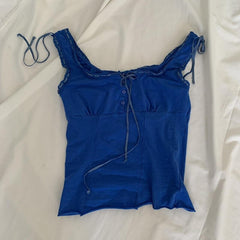 Lizakosht Summer Blue Milkmaid Tank Top Tie Up Ribbons Lace Trim Sleeveless Crop Tops 90s Vintage Beach Holiday Camis Vest Y2K Clothes