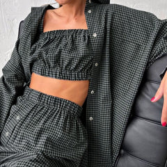 Lizakosht Summer Autumn Y2K INS Women 3 Piece Shorts Set Elegant Plaid Long Sleeve Shirt Strapless Top Shorts Vacation Outfits Tracksuit