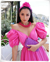 New Summer Women'S Dresses One Word Neck Bubble Short Sleeve Sexy Open Back Solid Color Dress Simple Pastoral Pink Tight Dress