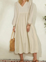 Lizakosht Summer Spring Solid V Neck Lantern Sleeve Dress Elegant Casual Loose Cotton Linen Party Dress Women Office Commute A-Line Dress
