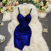 Bronzing Folds Sexy Dress Women Summer V Neck Party Mini Dresses Woman Slim Short Slit Spaghetti Strap Dress Vestidos