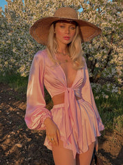 Lizakosht Fashion Women'S Pajamas Sets Sexy V-Neck Sleepwear Long Sleeve Lace Up Nightwear Shorts Summer Femme Pyjamas Suits