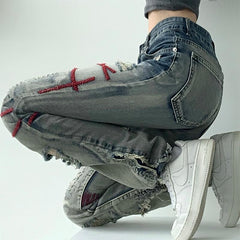 Contrast color straight ripped jeans for women y2k streetwear niche design hiphop high waisted jeans women 2022 summer plus size