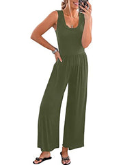 Lizakosht Elegant Woman Jumpsuits Women Casual Loose jumpsuti Sleeveless Tank Jumpsuits High Waist Low Cut Casual O Neck Flare Long