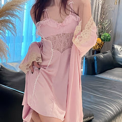 Lizakosht Summer Female Lace Nighty&Robe Set Women Bathrobe Gown Nightgown Suit Lingerie Satin Kimono Sleepwear Home Dress Loungewear