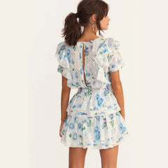 New Arrival Summer Short Sleeve Natasha Mini Dress Women Ruffled A-line Dress Blue Print
