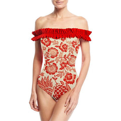 Lizakosht New Red Printed One-piece Swimsuit Women's Vacation Beach Sunscreen Cardigan Swimwear Hollow Out Swimsuit Cover Up Dress