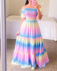 Wepbel 2022 Slash Collar Maxi Dress Women Off-Neck Printed Large-Hem Tube Top Dresses Slim Fits Full Length Bohe Dress Vestidos