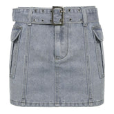 Lizakosht Fashion Double Pocket Light Blue Denim Skirt Casual High Waist Women Package Hip Skirts Street Ladies Straight Short Skirt