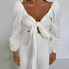 Lizakosht Sexy V-neck Navel-exposed Long-sleeved Shirt Autumn And Winter New Fashion Lace-up Slim Top