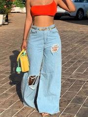 Lizakosht Summer Women Y2k Broken Hole Jeans Splice Solid Color All-Match Fashion Loose Washed Wide Leg Pants Jeans Chic Streetwear