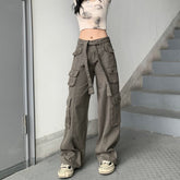 Lizakosht New Cargo Pants Y2K Women Vintage Elastic High Waist Big Pockets Trousers Streetwear Hip Hop Drawstring Retro Baggy Jeans ins